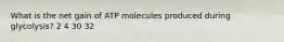 What is the net gain of ATP molecules produced during glycolysis? 2 4 30 32