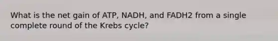 What is the net gain of ATP, NADH, and FADH2 from a single complete round of the Krebs cycle?