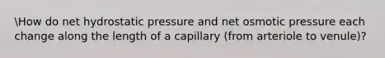 How do net hydrostatic pressure and net osmotic pressure each change along the length of a capillary (from arteriole to venule)?