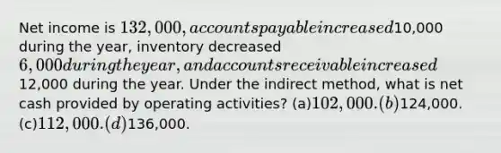 Net income is 132,000, accounts payable increased10,000 during the year, inventory decreased 6,000 during the year, and accounts receivable increased12,000 during the year. Under the indirect method, what is net cash provided by operating activities? (a)102,000. (b)124,000. (c)112,000. (d)136,000.