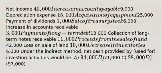 Net Income 40,000 Increase in accounts payable9,000 Depreciation expense 15,000 Acquisition of equipment25,000 Payment of dividends 1,000 Sale of treasury stock6,000 Increase in accounts receivable 3,000 Payment of long-term debt13,000 Collection of long-term notes receivable 11,000 Proceeds from the sale of land42,000 Loss on sale of land 10,000 Decrease in inventories6,000 Under the indirect method, net cash provided by (used for) investing activities would be: A) 94,000 B)71,000 C) 28,000 D)(97,000)