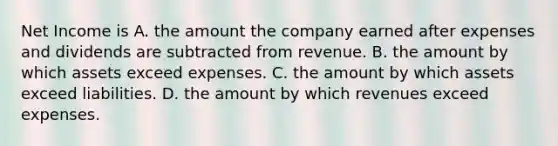 Net Income is A. the amount the company earned after expenses and dividends are subtracted from revenue. B. the amount by which assets exceed expenses. C. the amount by which assets exceed liabilities. D. the amount by which revenues exceed expenses.