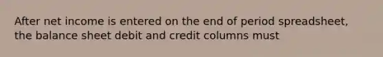 After net income is entered on the end of period spreadsheet, the balance sheet debit and credit columns must