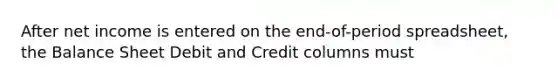 After net income is entered on the end-of-period spreadsheet, the Balance Sheet Debit and Credit columns must