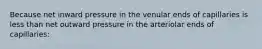 Because net inward pressure in the venular ends of capillaries is less than net outward pressure in the arteriolar ends of capillaries: