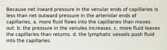 Because net inward pressure in the venular ends of capillaries is less than net outward pressure in the arteriolar ends of capillaries, a. more fluid flows into the capillaries than moves out. b. the pressure in the venules increases. c. more fluid leaves the capillaries than returns. d. the lymphatic vessels push fluid into the capillaries.