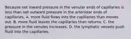 Because net inward pressure in the venular ends of capillaries is less than net outward pressure in the arteriolar ends of capillaries, A. more fluid flows into the capillaries than moves out. B. more fluid leaves the capillaries than returns. C. the pressure in the venules increases. D. the lymphatic vessels push fluid into the capillaries.