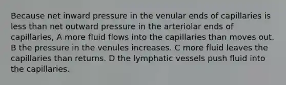 Because net inward pressure in the venular ends of capillaries is less than net outward pressure in the arteriolar ends of capillaries, A more fluid flows into the capillaries than moves out. B the pressure in the venules increases. C more fluid leaves the capillaries than returns. D the lymphatic vessels push fluid into the capillaries.