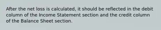 After the net loss is calculated, it should be reflected in the debit column of the Income Statement section and the credit column of the Balance Sheet section.