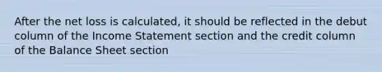 After the net loss is calculated, it should be reflected in the debut column of the Income Statement section and the credit column of the Balance Sheet section