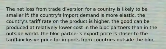 The net loss from trade diversion for a country is likely to be smaller if: the country's import demand is more elastic. the country's tariff rate on the product is higher. the good can be produced at relatively lower cost in the bloc partners than in the outside world. the bloc partner's export price is closer to the tariff-inclusive price for imports from countries outside the bloc.