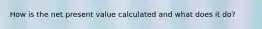 How is the net present value calculated and what does it do?