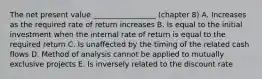 The net present value _________________ (chapter 8) A. Increases as the required rate of return increases B. Is equal to the initial investment when the internal rate of return is equal to the required return C. Is unaffected by the timing of the related cash flows D. Method of analysis cannot be applied to mutually exclusive projects E. Is inversely related to the discount rate