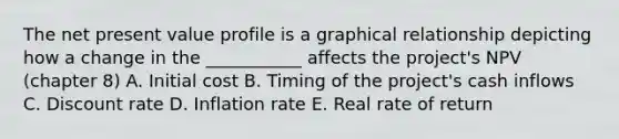 The net present value profile is a graphical relationship depicting how a change in the ___________ affects the project's NPV (chapter 8) A. Initial cost B. Timing of the project's cash inflows C. Discount rate D. Inflation rate E. Real rate of return