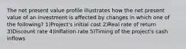 The net present value profile illustrates how the net present value of an investment is affected by changes in which one of the following? 1)Project's initial cost 2)Real rate of return 3)Discount rate 4)Inflation rate 5)Timing of the project's cash inflows