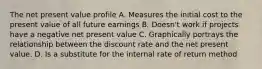 The net present value profile A. Measures the initial cost to the present value of all future earnings B. Doesn't work if projects have a negative net present value C. Graphically portrays the relationship between the discount rate and the net present value. D. Is a substitute for the internal rate of return method