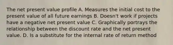 The net present value profile A. Measures the initial cost to the present value of all future earnings B. Doesn't work if projects have a negative net present value C. Graphically portrays the relationship between the discount rate and the net present value. D. Is a substitute for the internal rate of return method