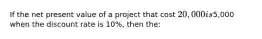 If the net present value of a project that cost 20,000 is5,000 when the discount rate is 10%, then the: