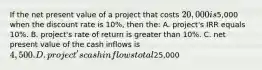 If the net present value of a project that costs 20,000 is5,000 when the discount rate is 10%, then the: A. project's IRR equals 10%. B. project's rate of return is greater than 10%. C. net present value of the cash inflows is 4,500. D. project's cash inflows total25,000