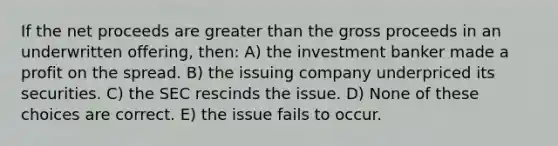 If the net proceeds are greater than the gross proceeds in an underwritten offering, then: A) the investment banker made a profit on the spread. B) the issuing company underpriced its securities. C) the SEC rescinds the issue. D) None of these choices are correct. E) the issue fails to occur.