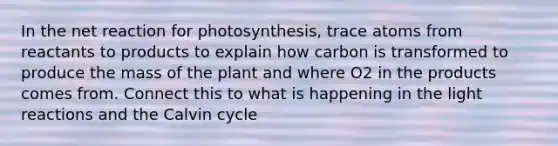 In the net reaction for photosynthesis, trace atoms from reactants to products to explain how carbon is transformed to produce the mass of the plant and where O2 in the products comes from. Connect this to what is happening in the light reactions and the Calvin cycle