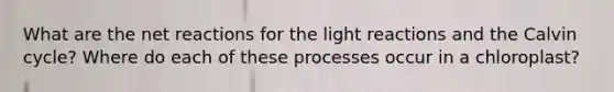 What are the net reactions for the light reactions and the Calvin cycle? Where do each of these processes occur in a chloroplast?