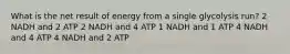 What is the net result of energy from a single glycolysis run? 2 NADH and 2 ATP 2 NADH and 4 ATP 1 NADH and 1 ATP 4 NADH and 4 ATP 4 NADH and 2 ATP