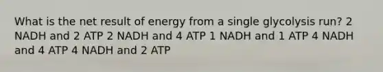 What is the net result of energy from a single glycolysis run? 2 NADH and 2 ATP 2 NADH and 4 ATP 1 NADH and 1 ATP 4 NADH and 4 ATP 4 NADH and 2 ATP