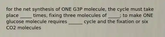 for the net synthesis of ONE G3P molecule, the cycle must take place _____ times, fixing three molecules of _____; to make ONE glucose molecule requires ______ cycle and the fixation or six CO2 molecules