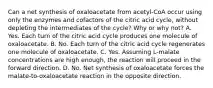 Can a net synthesis of oxaloacetate from acetyl‑CoA occur using only the enzymes and cofactors of the citric acid cycle, without depleting the intermediates of the cycle? Why or why not? A. Yes. Each turn of the citric acid cycle produces one molecule of oxaloacetate. B. No. Each turn of the citric acid cycle regenerates one molecule of oxaloacetate. C. Yes. Assuming L‑malate concentrations are high enough, the reaction will proceed in the forward direction. D. No. Net synthesis of oxaloacetate forces the malate‑to‑oxaloacetate reaction in the opposite direction.