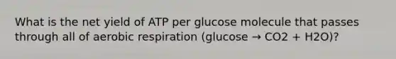 What is the net yield of ATP per glucose molecule that passes through all of aerobic respiration (glucose → CO2 + H2O)?