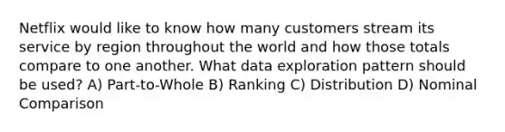 Netflix would like to know how many customers stream its service by region throughout the world and how those totals compare to one another. What data exploration pattern should be used? A) Part-to-Whole B) Ranking C) Distribution D) Nominal Comparison