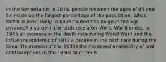 In the Netherlands in 2014, people between the ages of 45 and 54 made up the largest percentage of the population. What factor is most likely to have caused this bulge in the age pyramid? a surge in the birth rate after World War II ended in 1945 an increase in the death rate during World War I and the influenza epidemic of 1917 a decline in the birth rate during the Great Depression of the 1930s the increased availability of oral contraceptives in the 1950s and 1960s