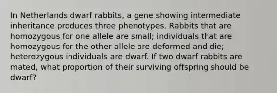 In Netherlands dwarf rabbits, a gene showing intermediate inheritance produces three phenotypes. Rabbits that are homozygous for one allele are small; individuals that are homozygous for the other allele are deformed and die; heterozygous individuals are dwarf. If two dwarf rabbits are mated, what proportion of their surviving offspring should be dwarf?