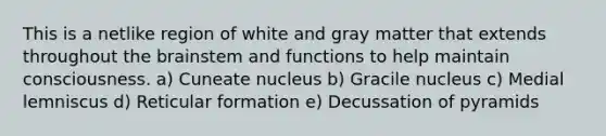 This is a netlike region of white and gray matter that extends throughout the brainstem and functions to help maintain consciousness. a) Cuneate nucleus b) Gracile nucleus c) Medial lemniscus d) Reticular formation e) Decussation of pyramids