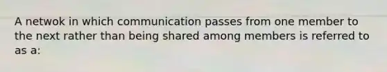 A netwok in which communication passes from one member to the next rather than being shared among members is referred to as a: