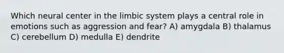 Which neural center in the limbic system plays a central role in emotions such as aggression and fear? A) amygdala B) thalamus C) cerebellum D) medulla E) dendrite