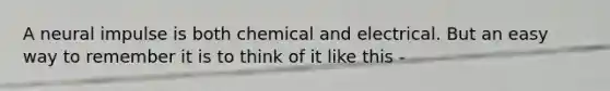 A neural impulse is both chemical and electrical. But an easy way to remember it is to think of it like this -