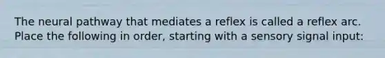 The neural pathway that mediates a reflex is called a reflex arc. Place the following in order, starting with a sensory signal input: