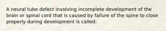 A neural tube defect involving incomplete development of the brain or spinal cord that is caused by failure of the spine to close properly during development is called: