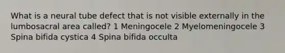 What is a neural tube defect that is not visible externally in the lumbosacral area called? 1 Meningocele 2 Myelomeningocele 3 Spina bifida cystica 4 Spina bifida occulta