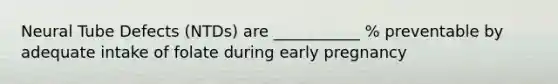 Neural Tube Defects (NTDs) are ___________ % preventable by adequate intake of folate during early pregnancy