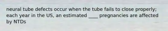 neural tube defects occur when the tube fails to close properly; each year in the US, an estimated ____ pregnancies are affected by NTDs