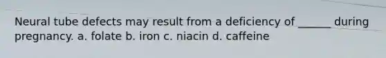 Neural tube defects may result from a deficiency of ______ during pregnancy. a. folate b. iron c. niacin d. caffeine