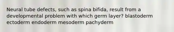 Neural tube defects, such as spina bifida, result from a developmental problem with which germ layer? blastoderm ectoderm endoderm mesoderm pachyderm