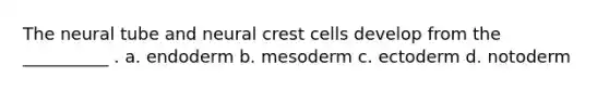 The neural tube and neural crest cells develop from the __________ . a. endoderm b. mesoderm c. ectoderm d. notoderm