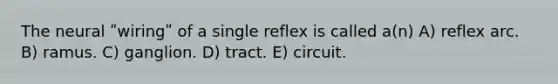 The neural ʺwiringʺ of a single reflex is called a(n) A) reflex arc. B) ramus. C) ganglion. D) tract. E) circuit.