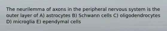 The neurilemma of axons in the peripheral nervous system is the outer layer of A) astrocytes B) Schwann cells C) oligodendrocytes D) microglia E) ependymal cells