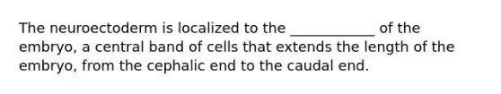 The neuroectoderm is localized to the ____________ of the embryo, a central band of cells that extends the length of the embryo, from the cephalic end to the caudal end.