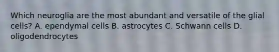 Which neuroglia are the most abundant and versatile of the glial cells? A. ependymal cells B. astrocytes C. Schwann cells D. oligodendrocytes
